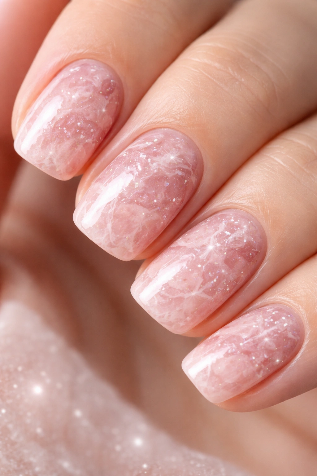 Close-up of blush pink nails with random white and mauve speckles resembling rose quartz.