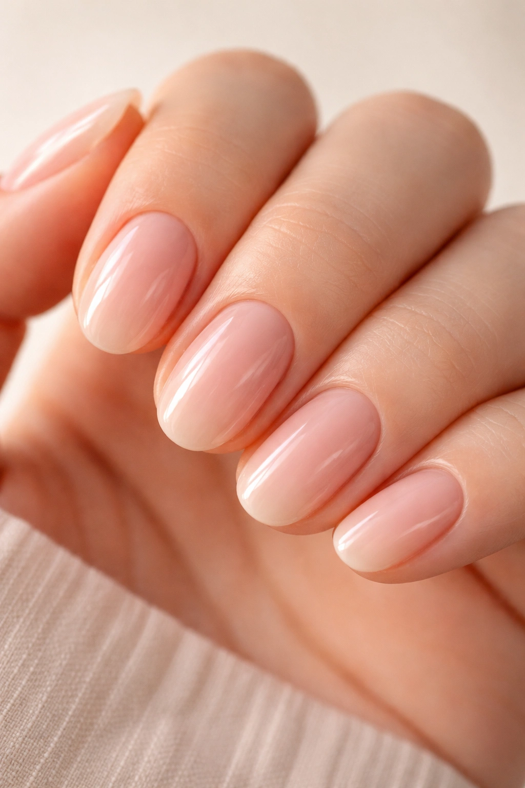 Close-up of short oval nails in sheer blush pink nude