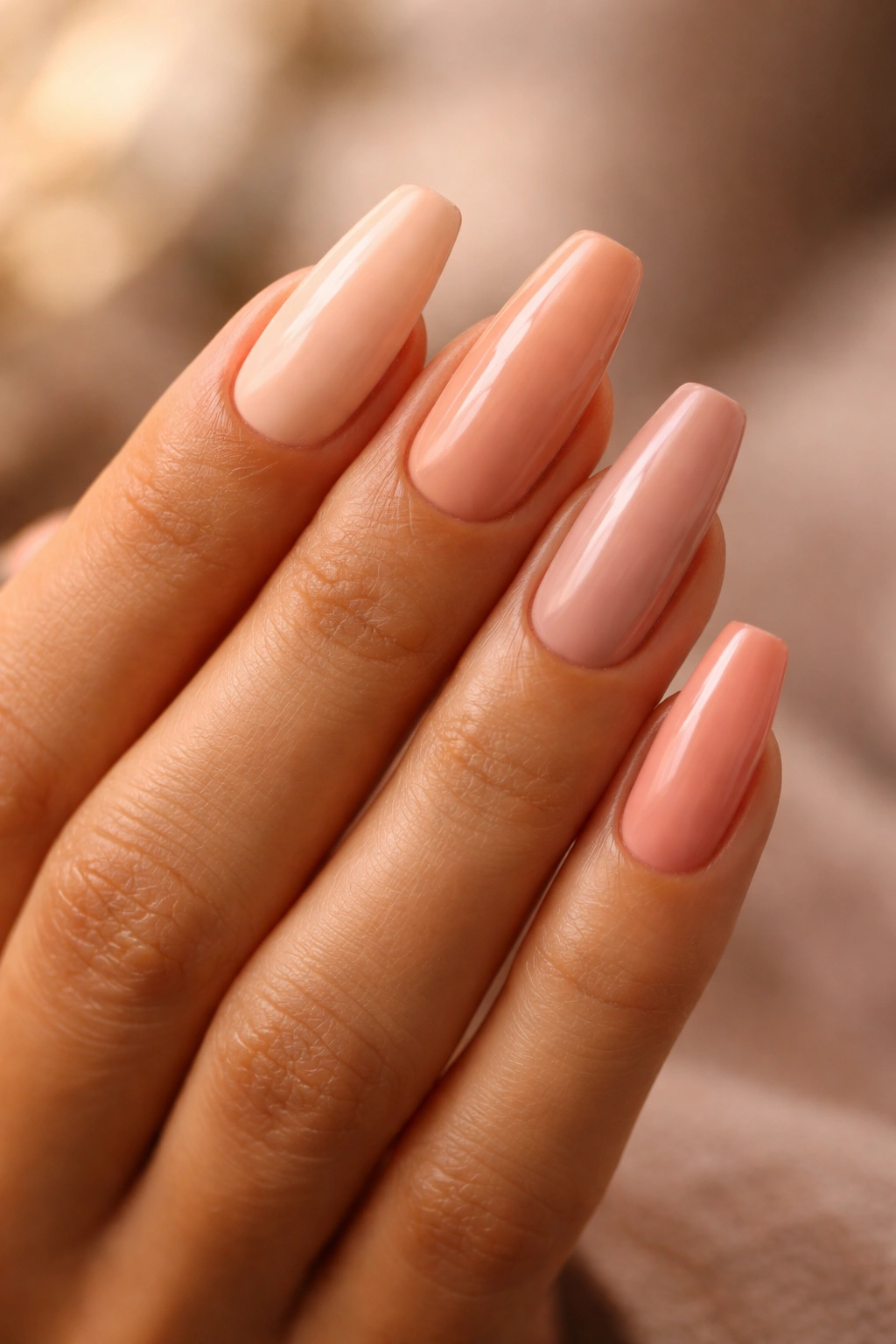 Close-up of hand with blush-toned nails on warm skin showcasing peach milk, apricot nude, rosy beige, and soft melon pink.