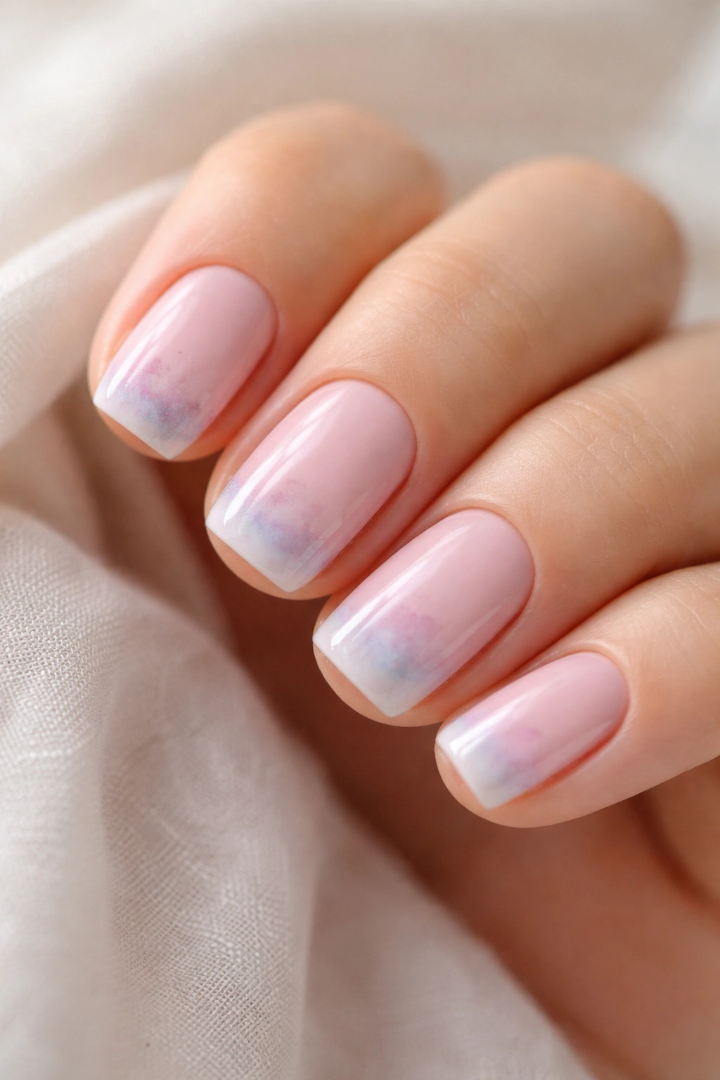 Short squoval nails with blush pink base and watercolor brush strokes
