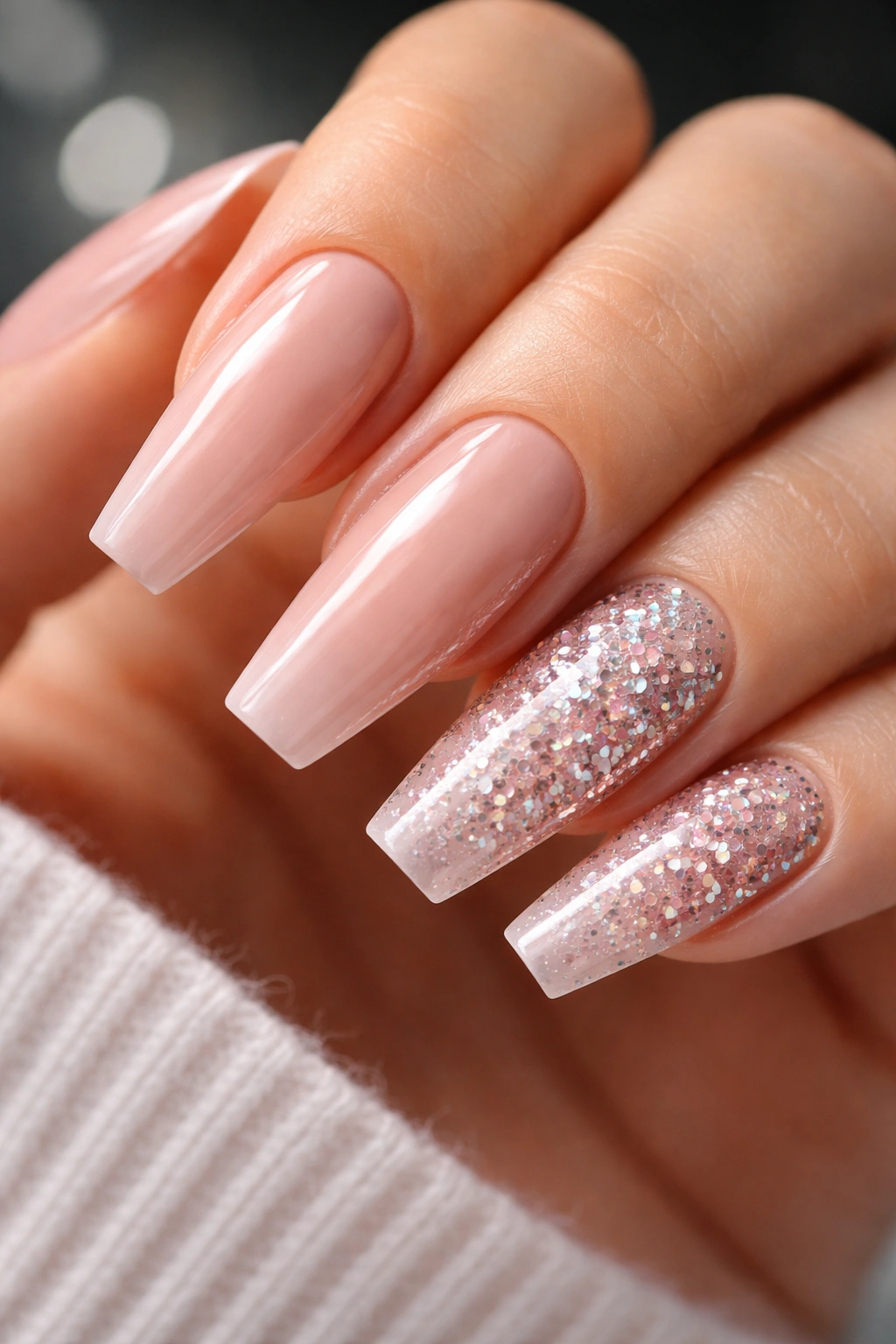 Close-up of blush nude nails with chunky glitter on two accent nails