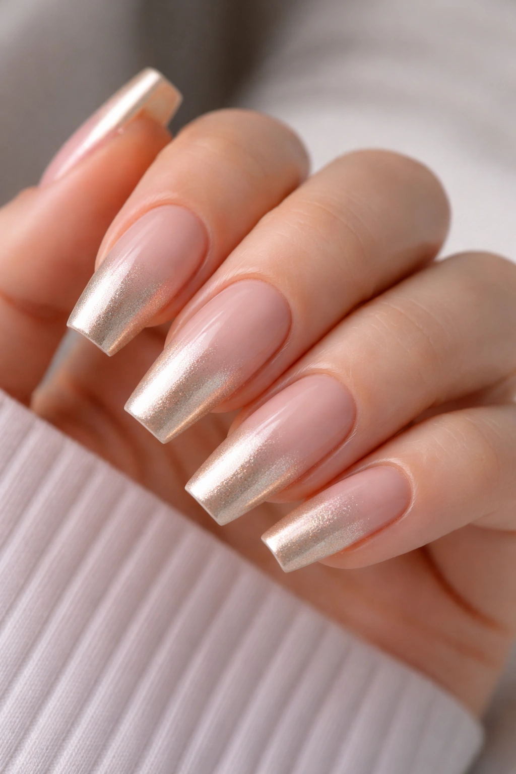Blush nude to champagne chrome ombre nails