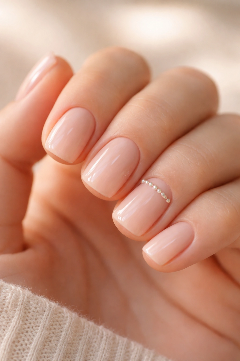 Blush nude nails with a thin micro-pearl accent line on one nail.
