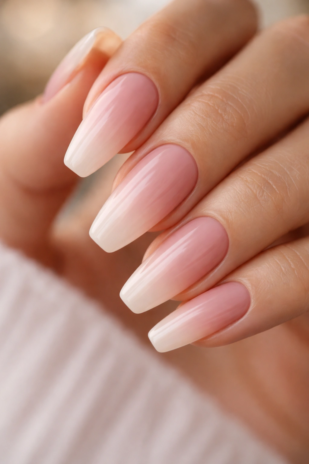 Blush-to-nude ombré manicure on ballerina nails with soft transition