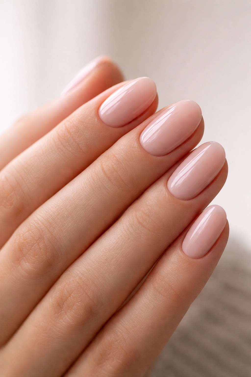 Close-up of blush nude oval nails on a bare hand with pink undertone