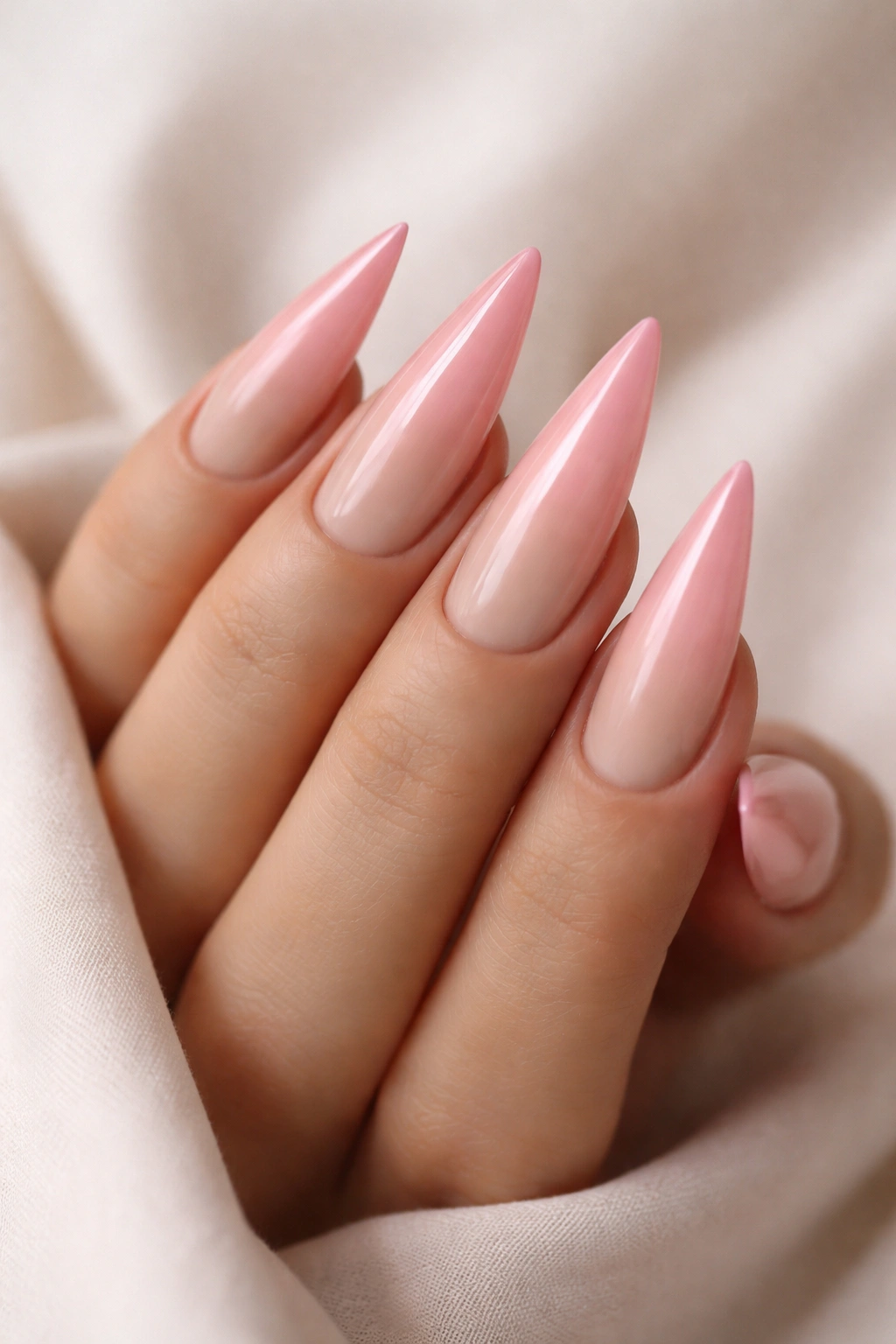 Stiletto nails with blush-to-nude reverse ombré on a neutral background
