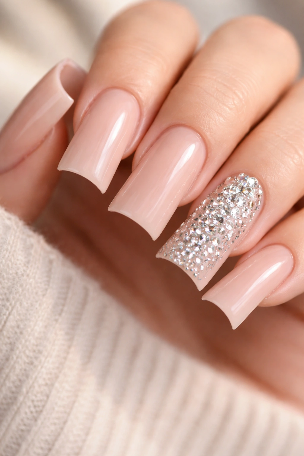 Blush nude curved duck nails with rhinestone accent nail