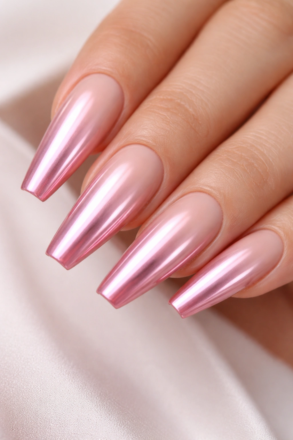 Close-up of blush ombre chrome nails on a hand, milky nude to pink gradient on long ballerina nails