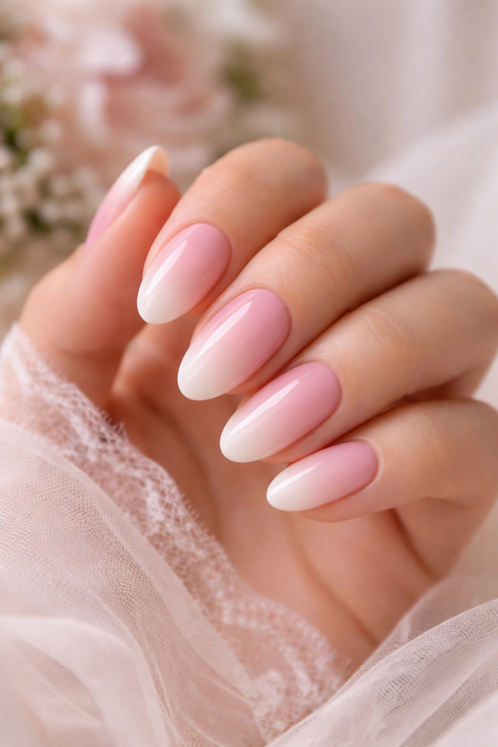 Close-up of short almond nails with blush ombré fade