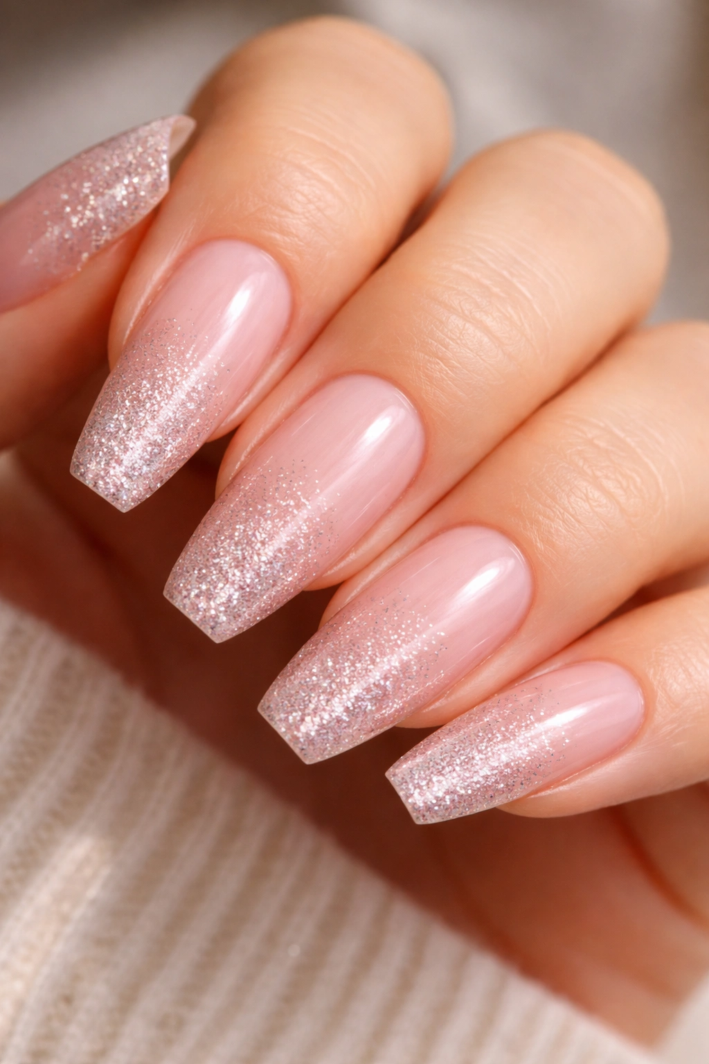 Blush pink ombré glitter fade on ballerina nails