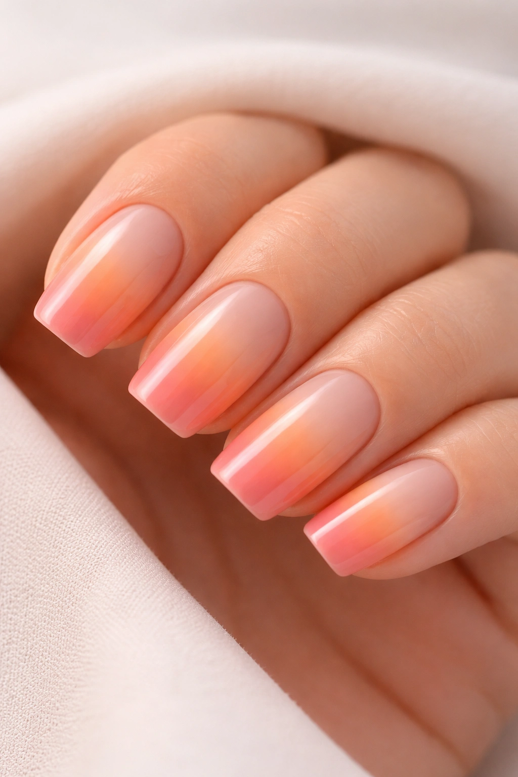 Close-up of short squoval nails with blush-to-coral ombré sunset gradient on a neutral surface