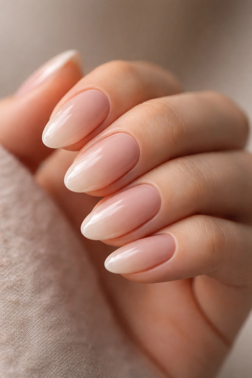 Close-up of a short almond nail with blush beige ombre