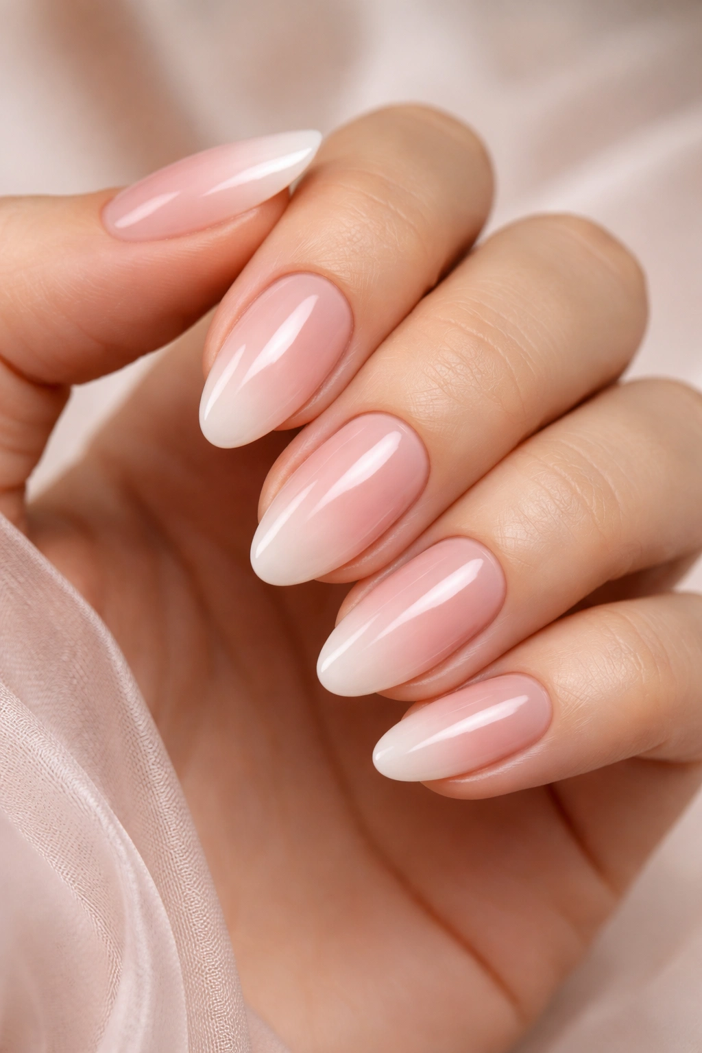 Close-up of short almond nails with blush to rose ombré gradient