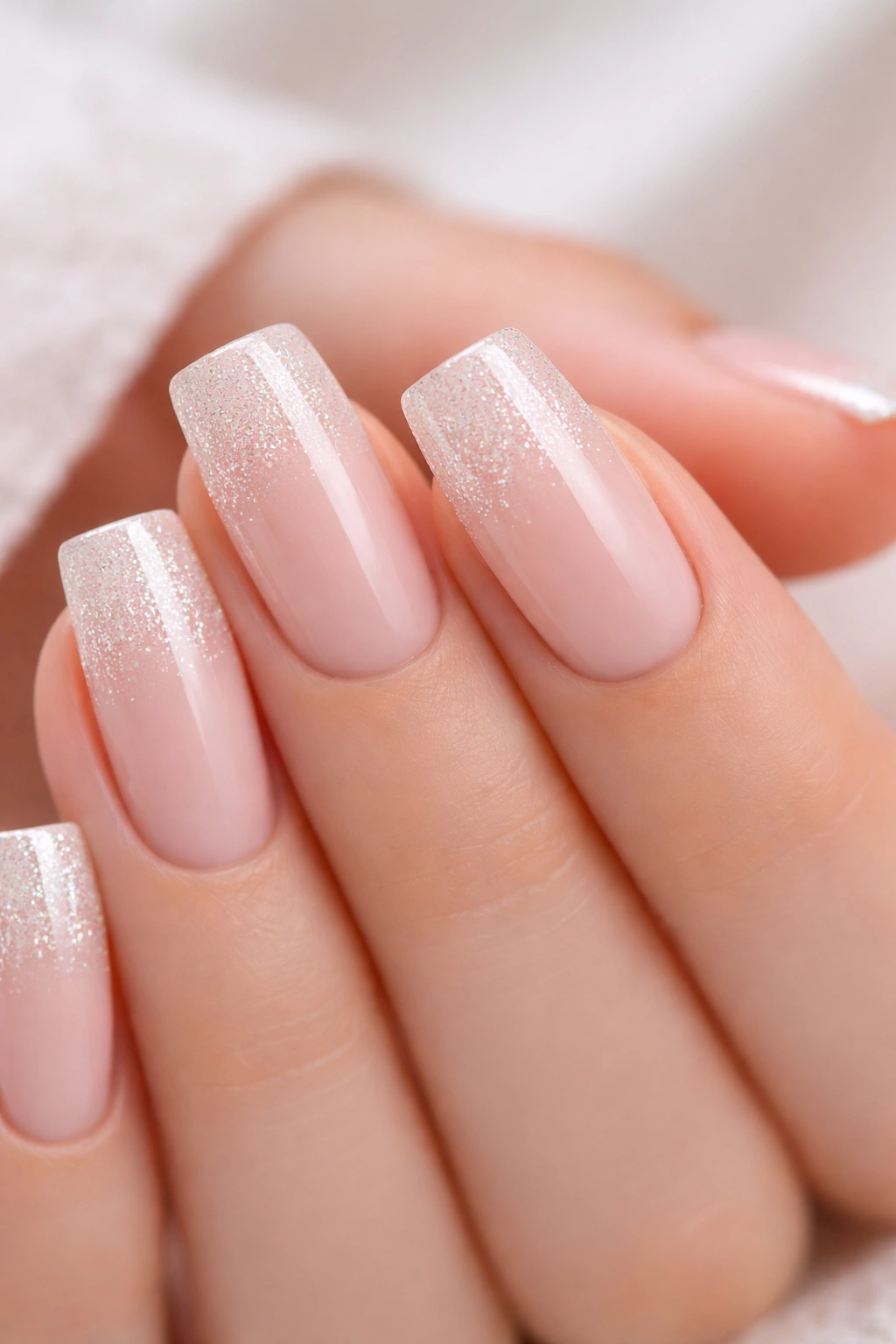 Close-up of soft square nails in blush ombre with glitter gradient for bridal looks