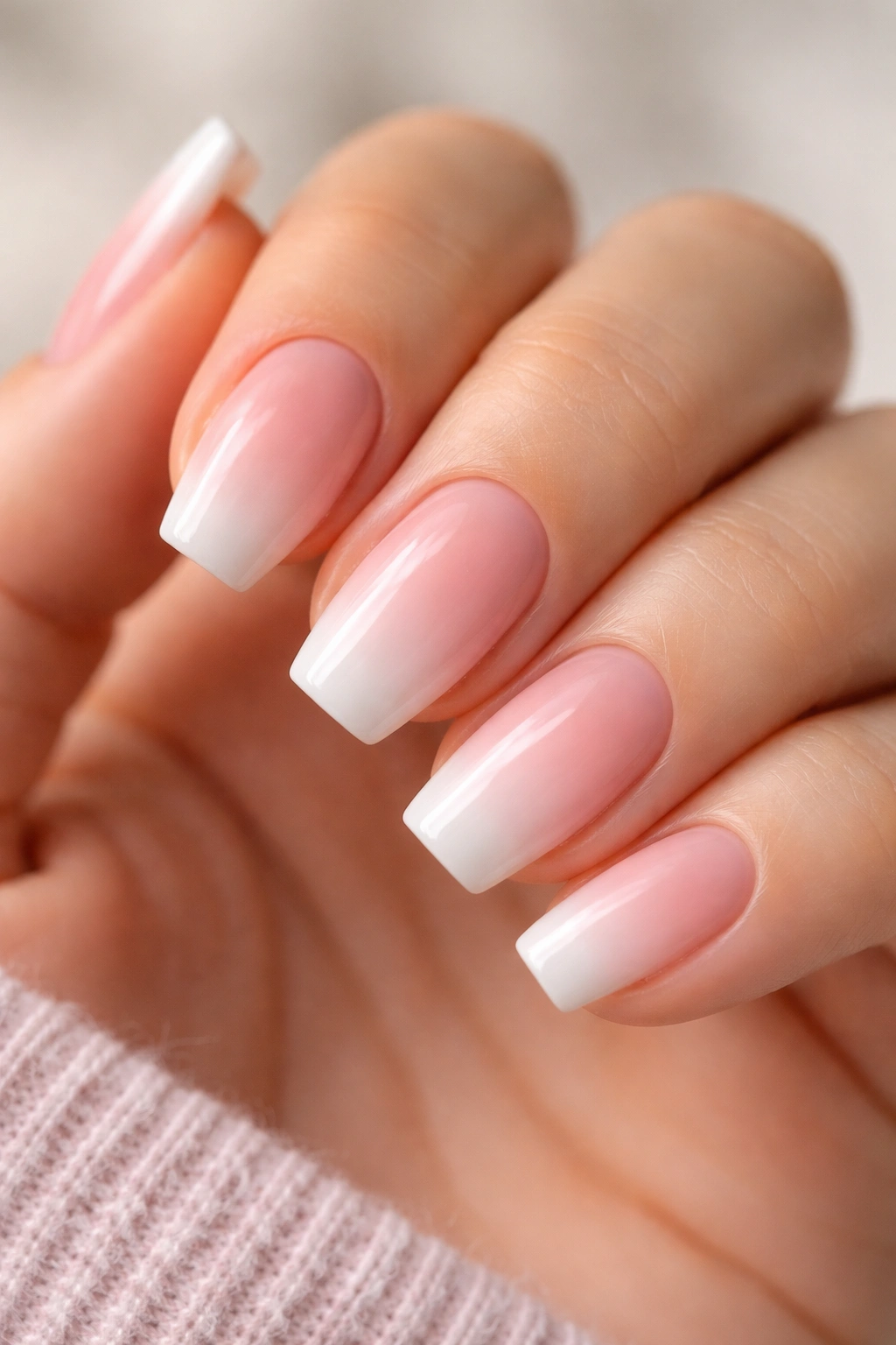Close-up of short ballerina nails with blush pink to milky white ombré gradient starting near the cuticle