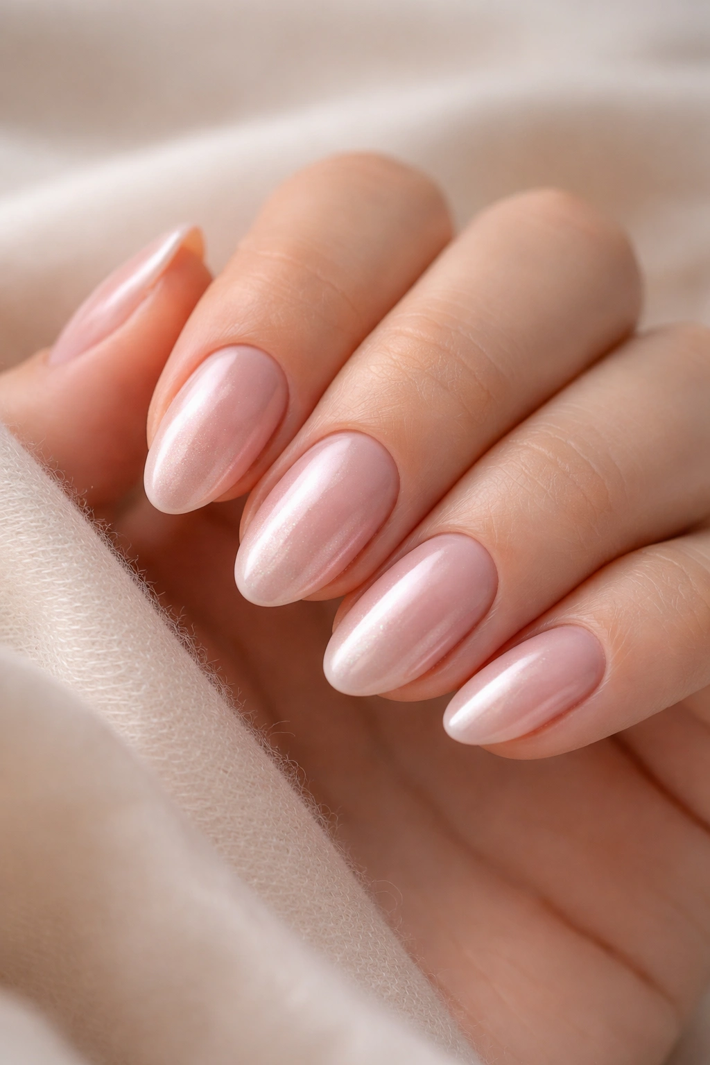 Close-up of short almond nails with pink base and pearl gloss