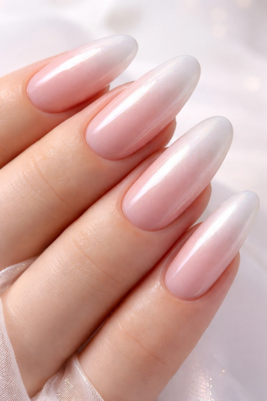 Close-up of long oval nails in blush to pearl ombre with iridescent shimmer