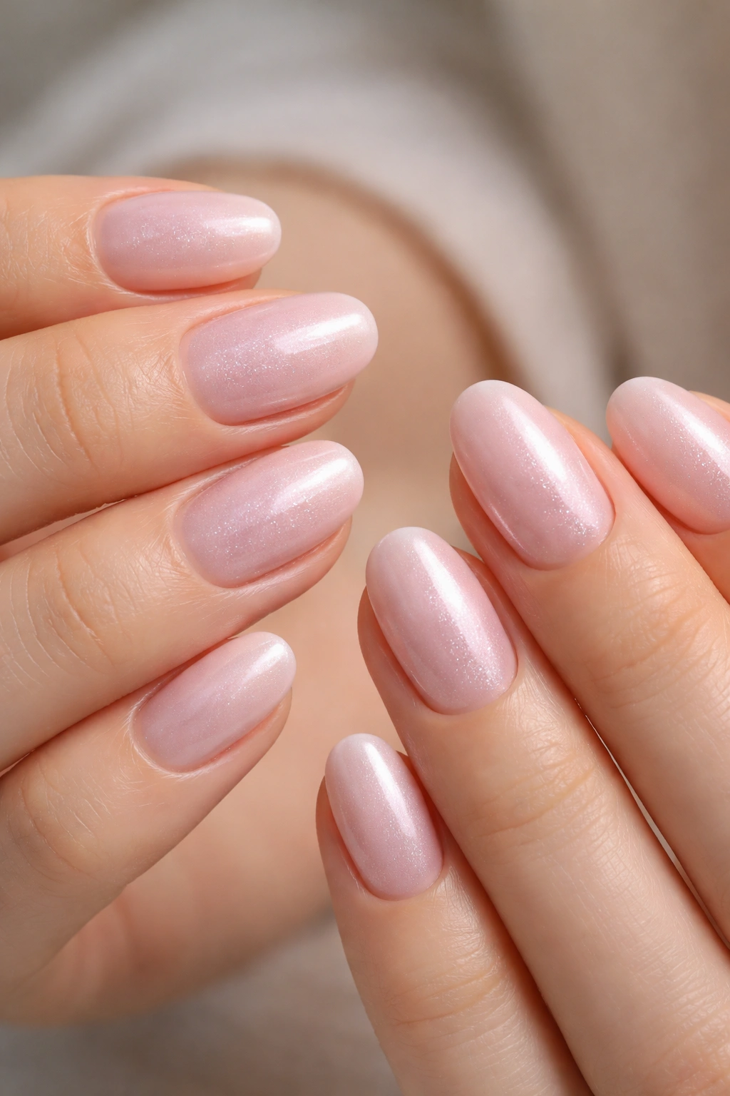 Close-up of blush pearl nails with tiny sparkles on short oval nails
