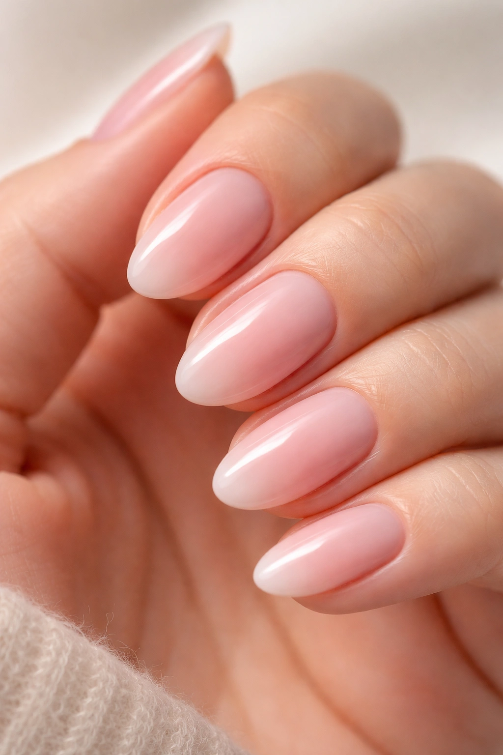 Close-up of short almond nails with blush pink fade gradient