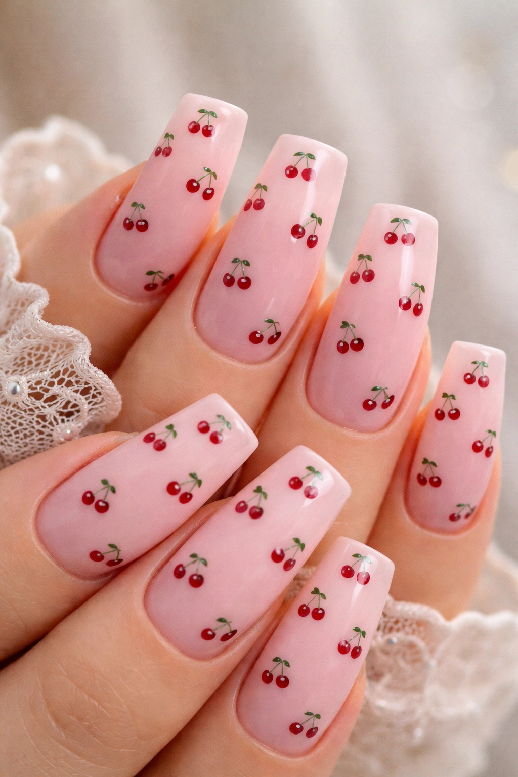 Duck nails in blush pink with tiny cherry illustrations