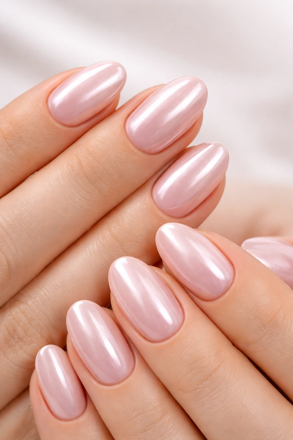 Close-up of soft blush pink nails with pearl chrome finish on short almond nails
