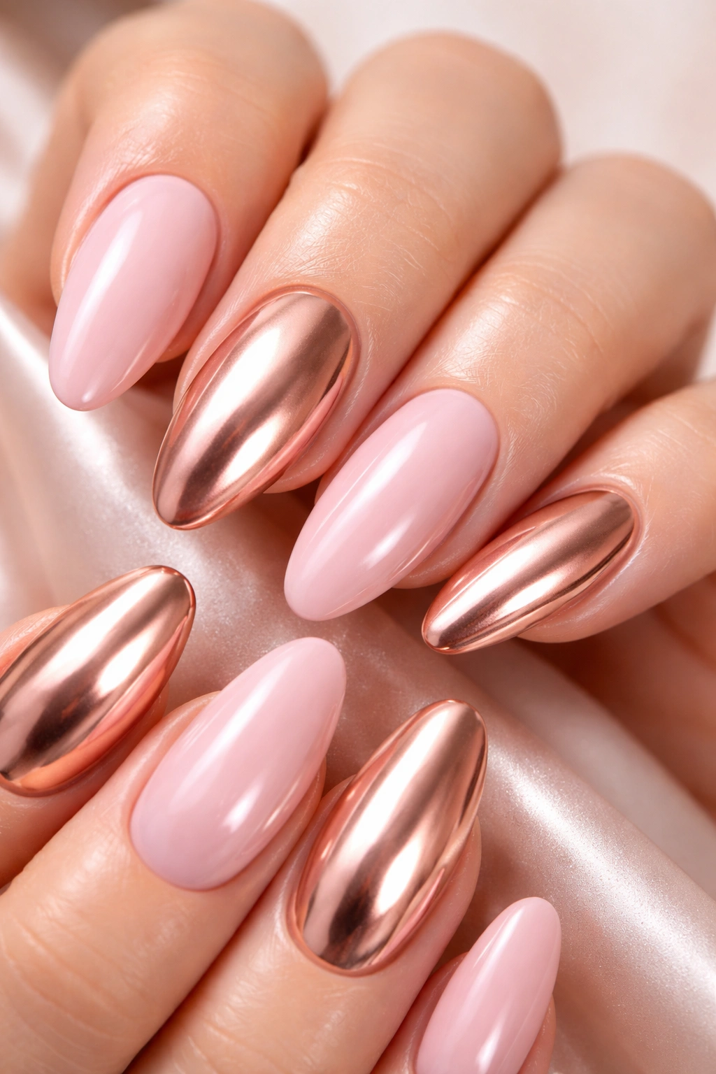 Close-up of blush pink nails with rose gold chrome accents reflecting light