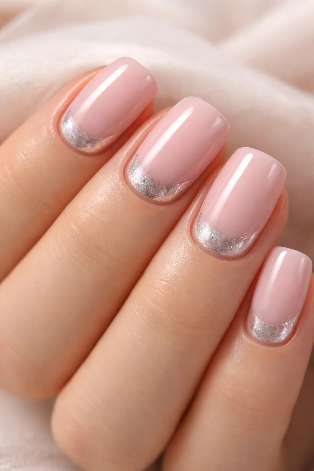 Close-up of short squoval nails in blush pink with rose quartz chrome at the base