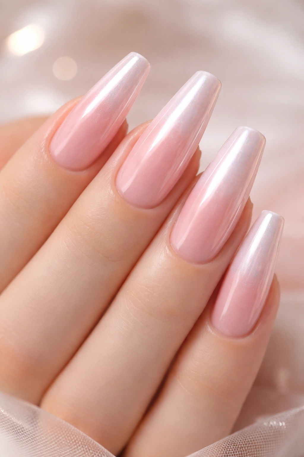Close-up of blush pink nails with a sheer chrome veil