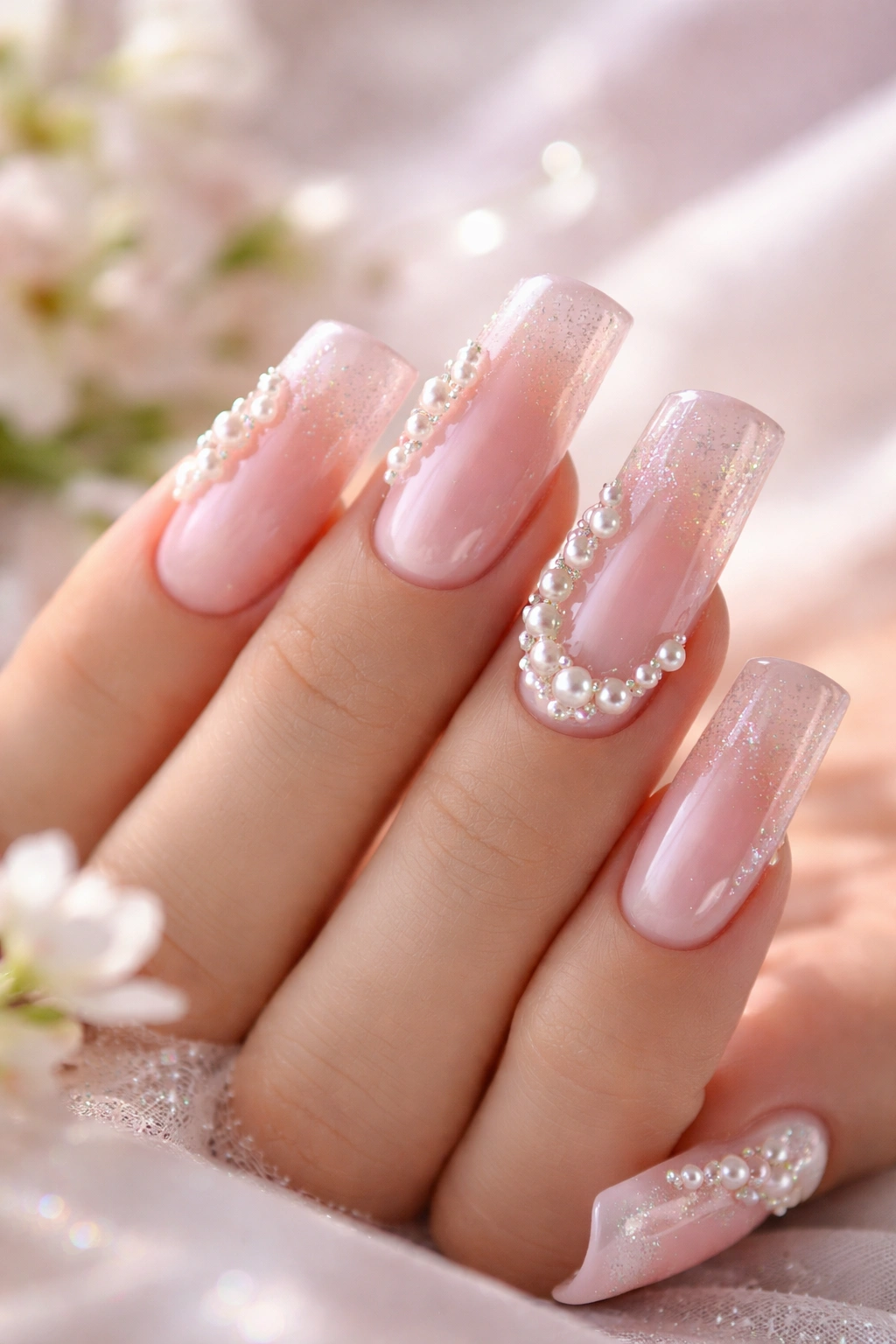 Close-up of blush pink duck nails with pearl shimmer on a hand