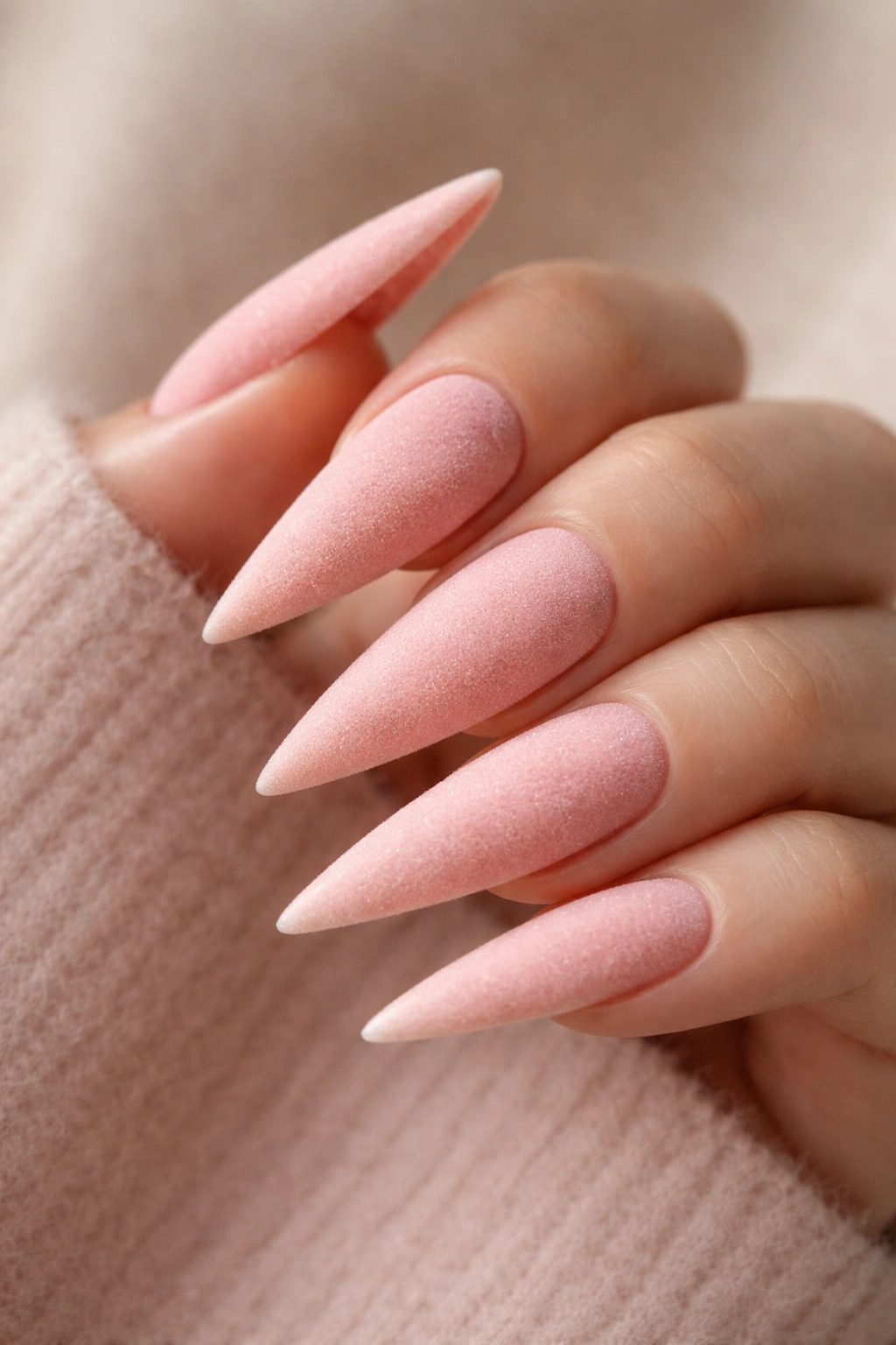 Blush pink stiletto nails with velvet texture flocking close-up