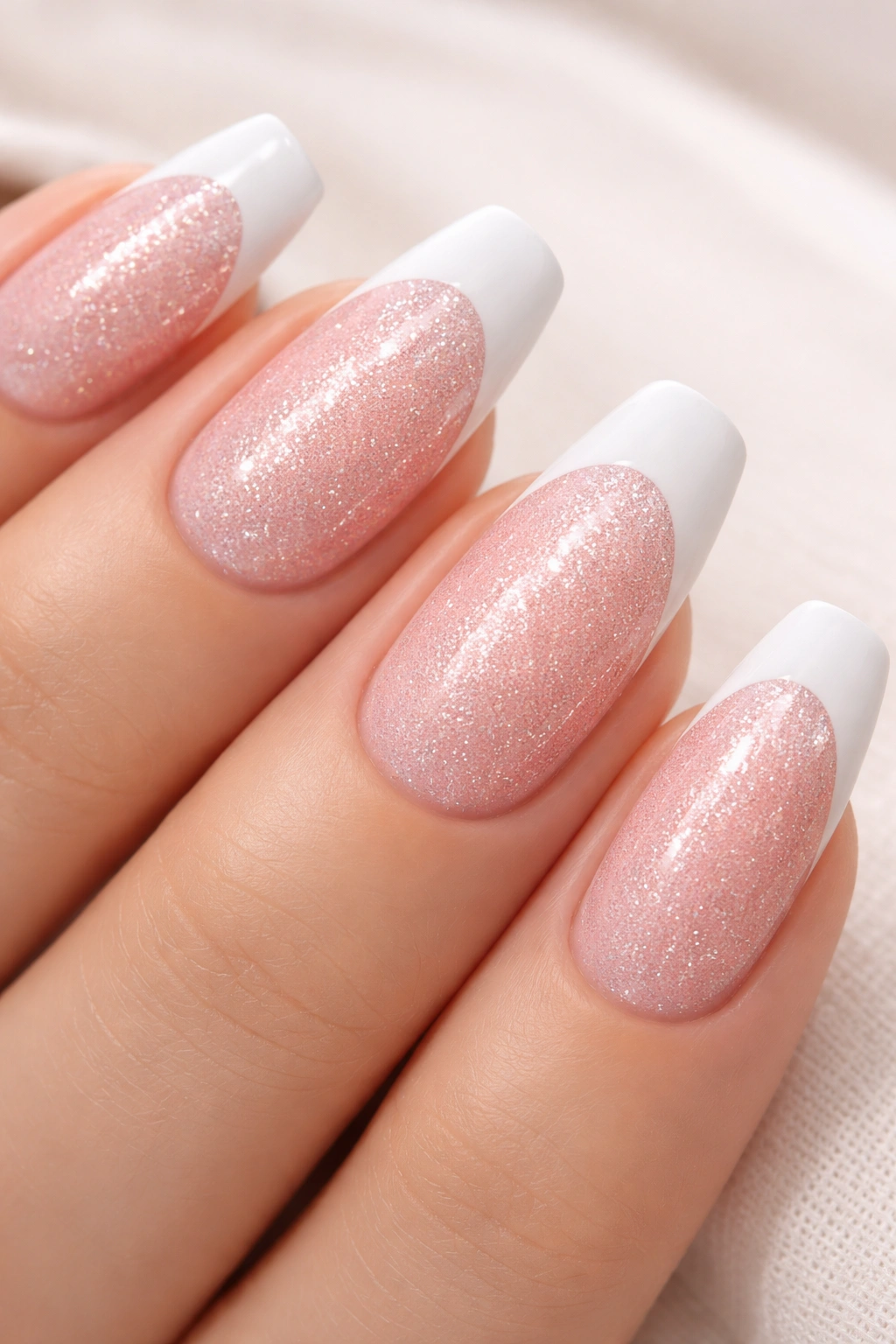 Nails with blush pink glitter and white tips
