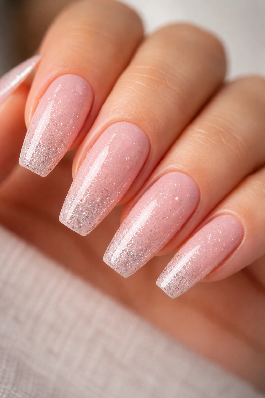 Close-up of blush pink nails with fine silver micro glitter