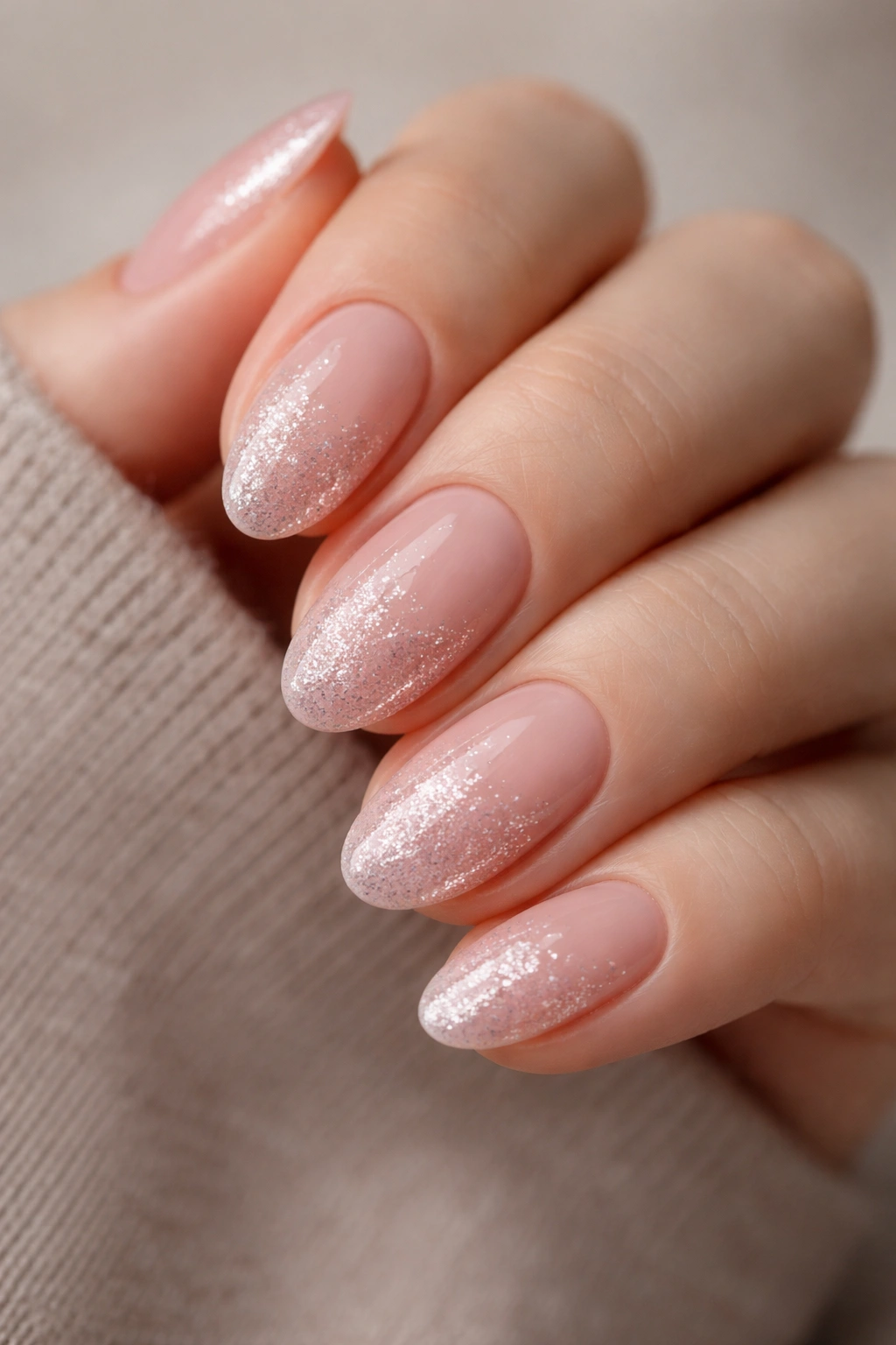 Close-up of blush pink glitter ombre nails.