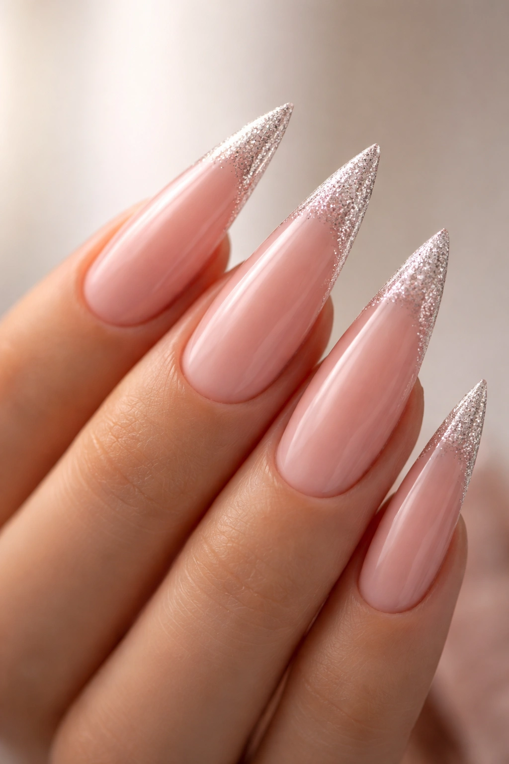 Blush pink curved stiletto nail with glitter tips