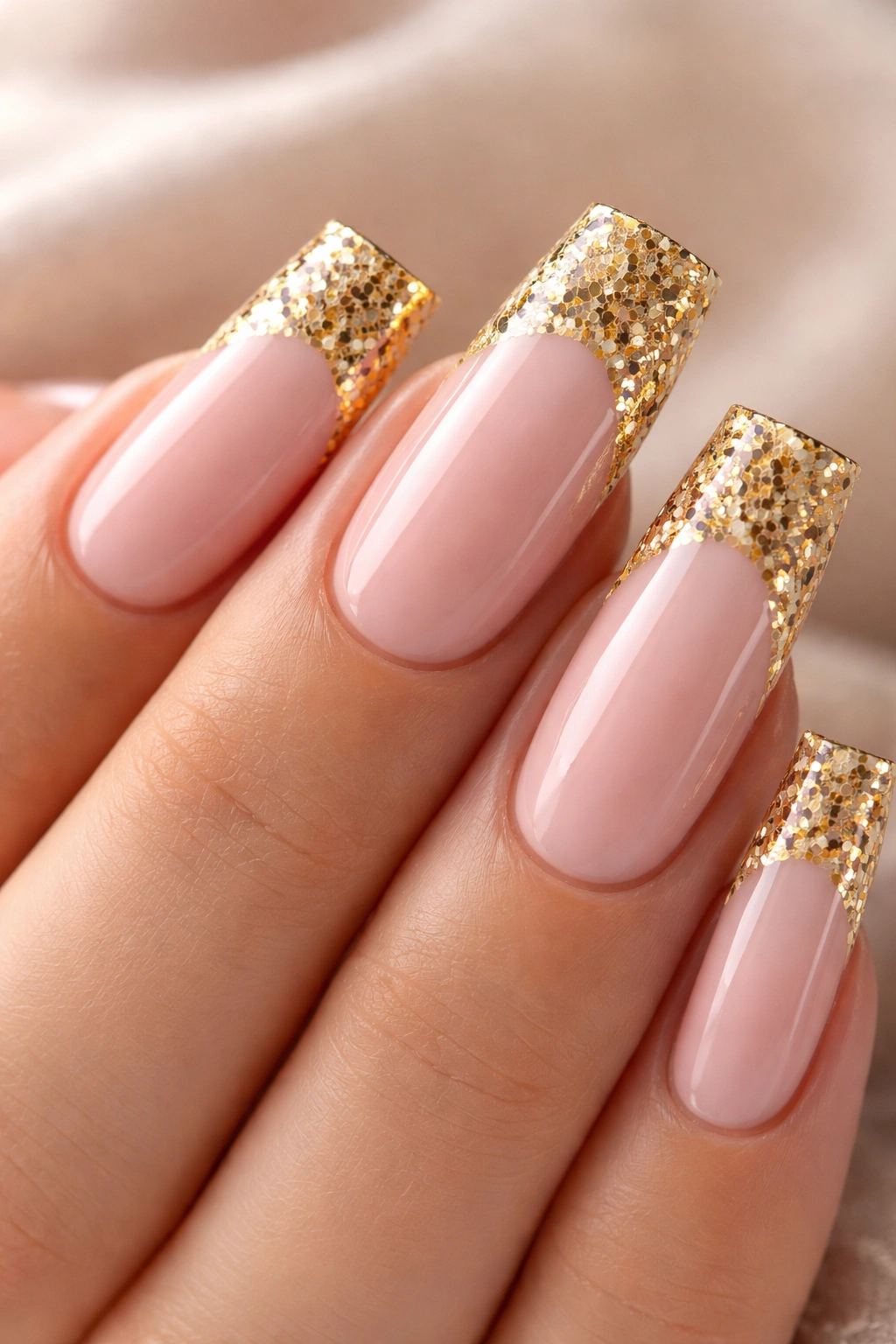 Duck nails with blush pink base and gold confetti tips under gloss