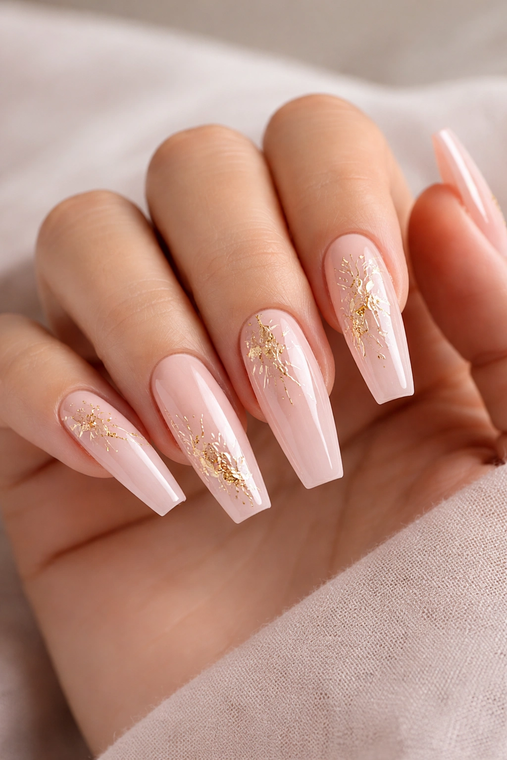 Close-up of long coffin nails in blush pink with gold foil details