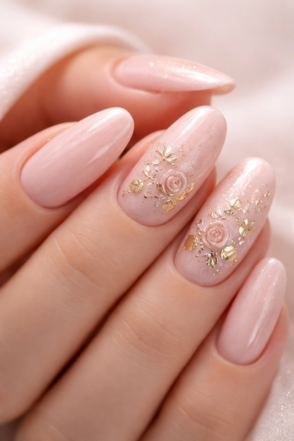 Close-up of blush pink nails with tiny gold-leaf rose details