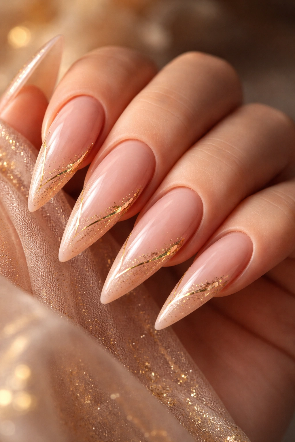 Blush pink nails with delicate gold accents