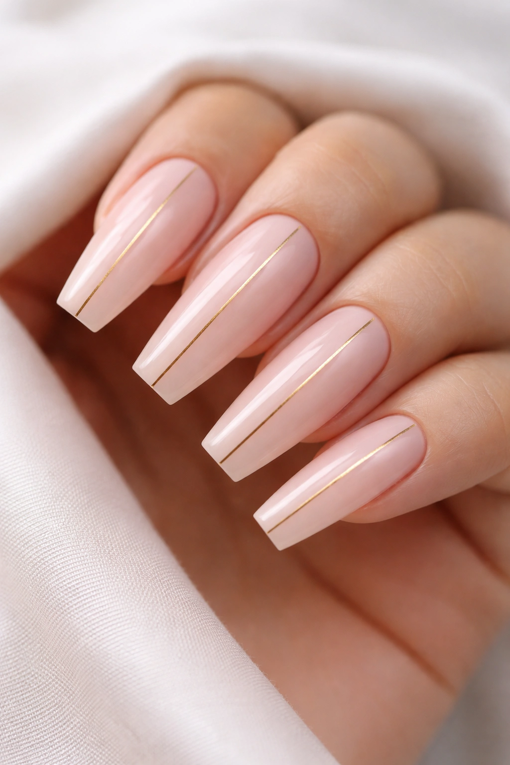 Close-up of blush pink nails with thin gold stripes