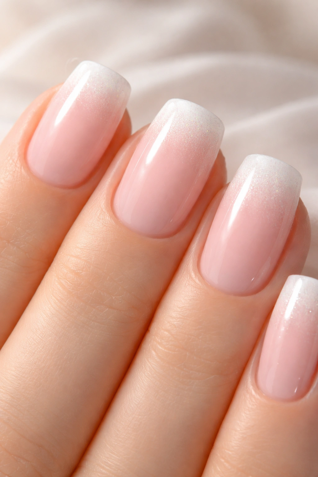 Close-up of nails with blush pink gradient fading into shimmering white tips.