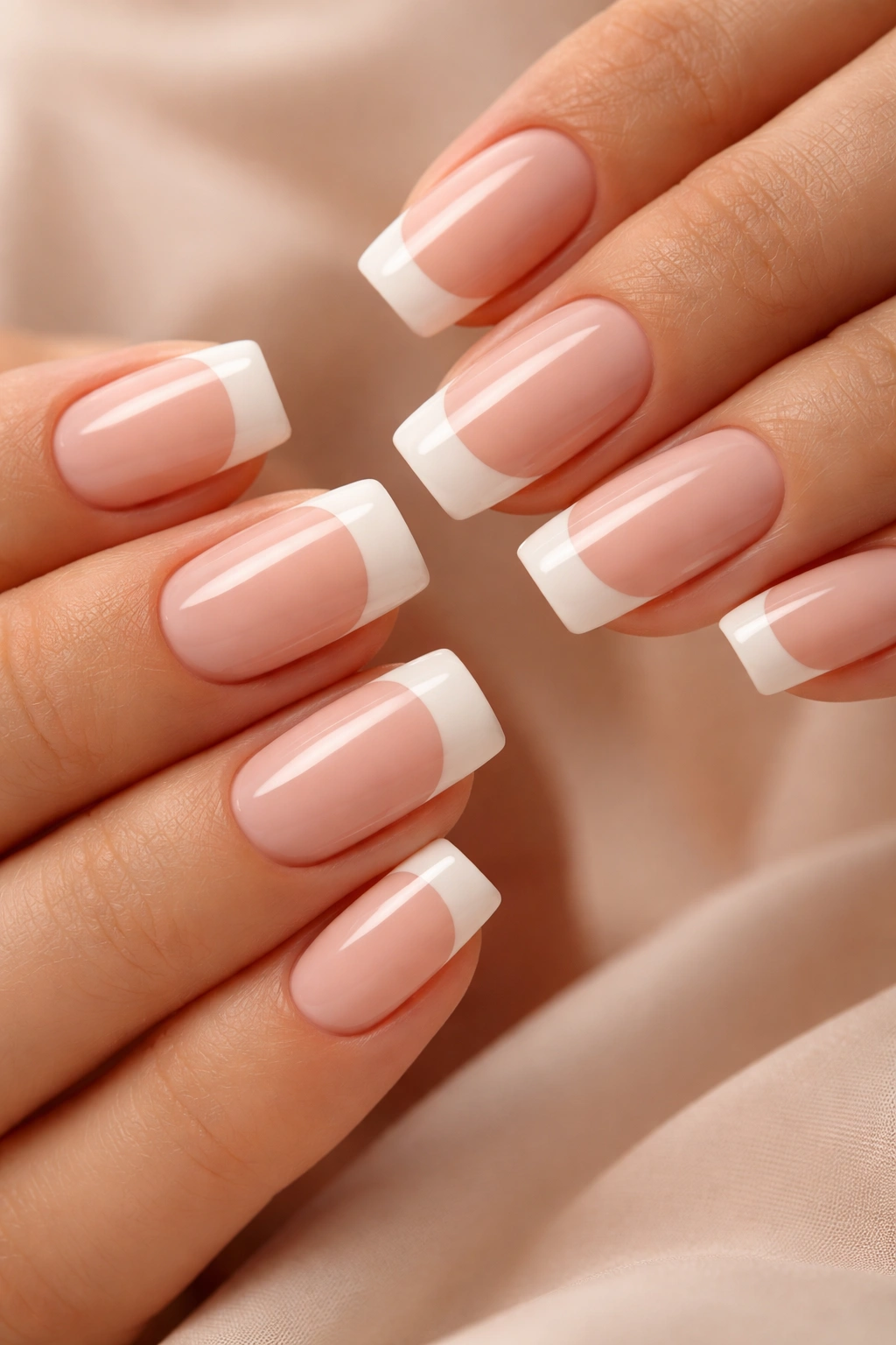 Close-up of soft square nails in blush pink and ivory
