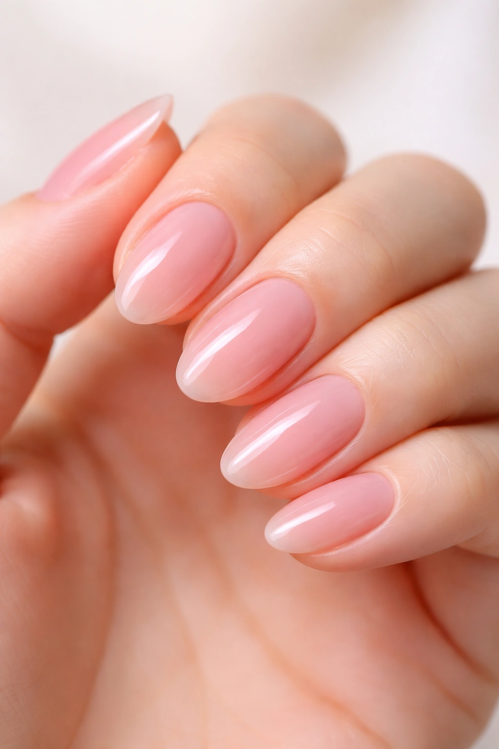 Close-up of short almond nails with sheer blush pink jelly glaze