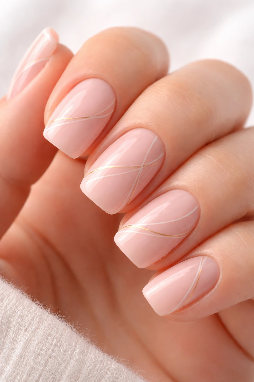 Close-up of blush pink nails with delicate thin lines