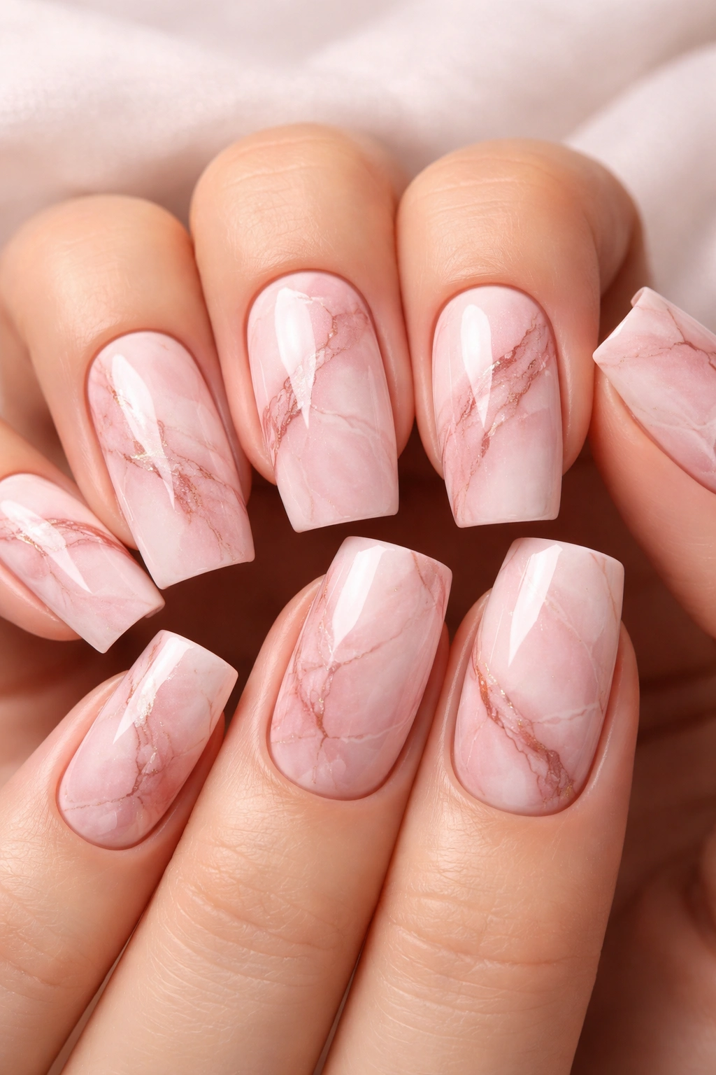 Close-up of blush pink marble nails on square nails