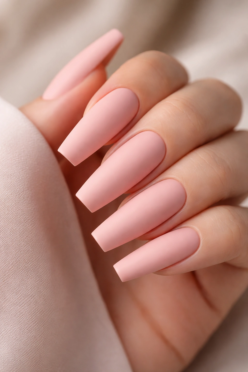 Close-up of blush pink matte coffin nails