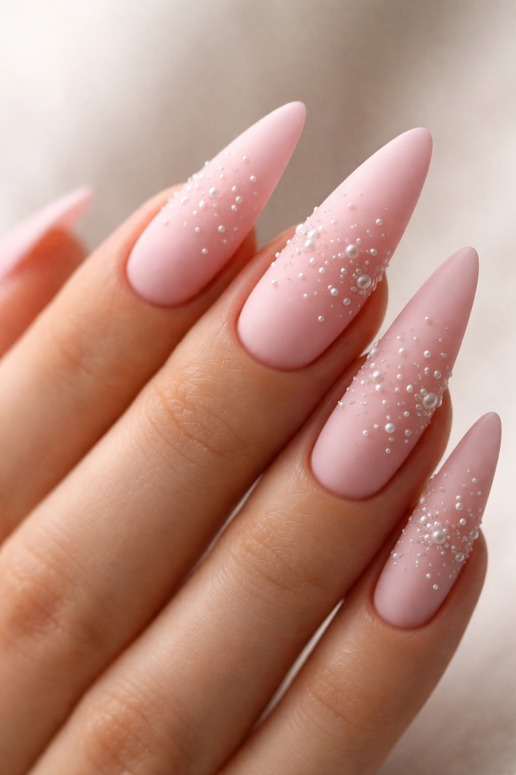 Close-up of blush pink matte stiletto nails with tiny white pearls