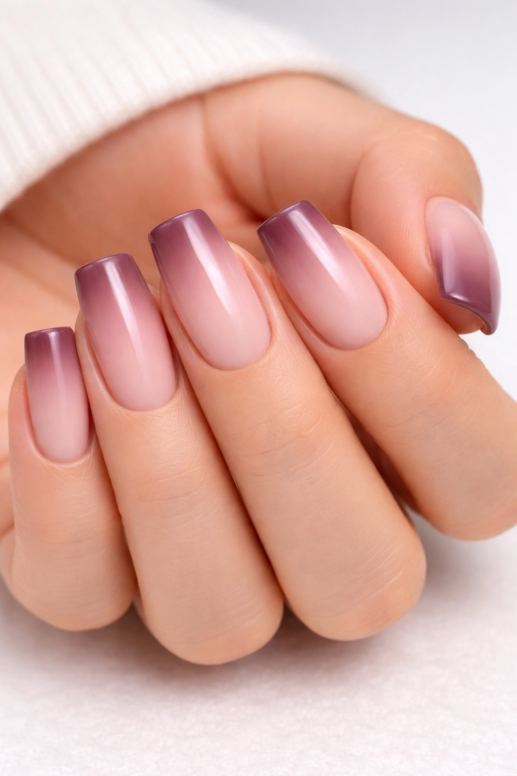 Close-up of blush pink nails gradient to deep mauve tips on soft square nails