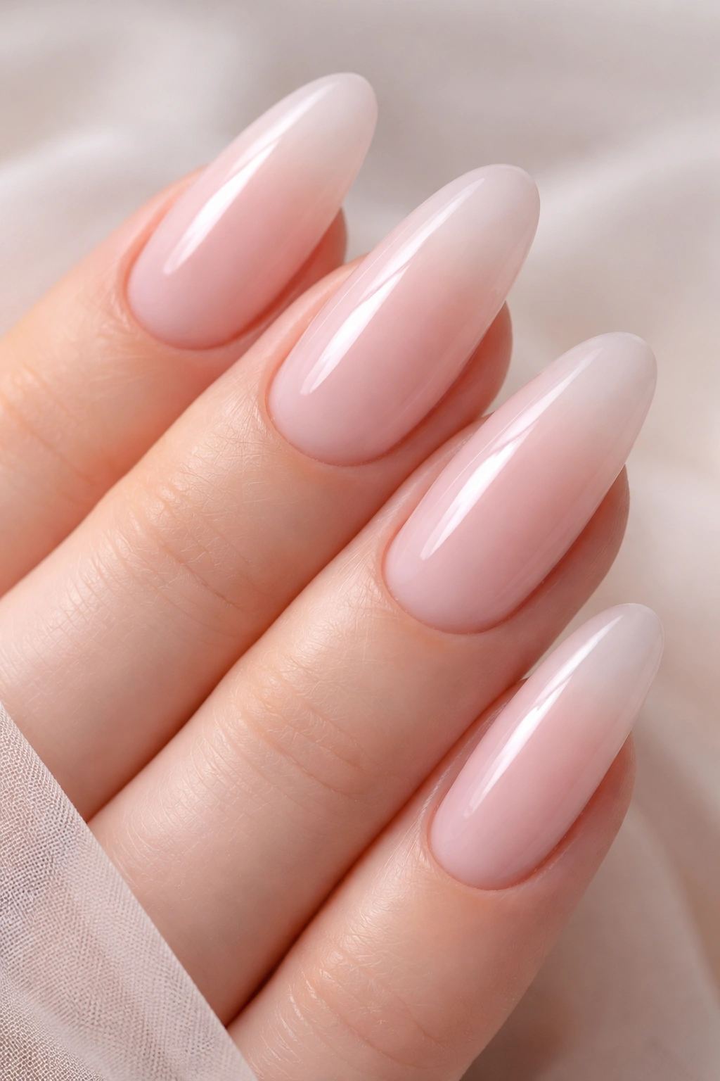 Close-up of barely-there blush pink milk bath nails on a long oval shape