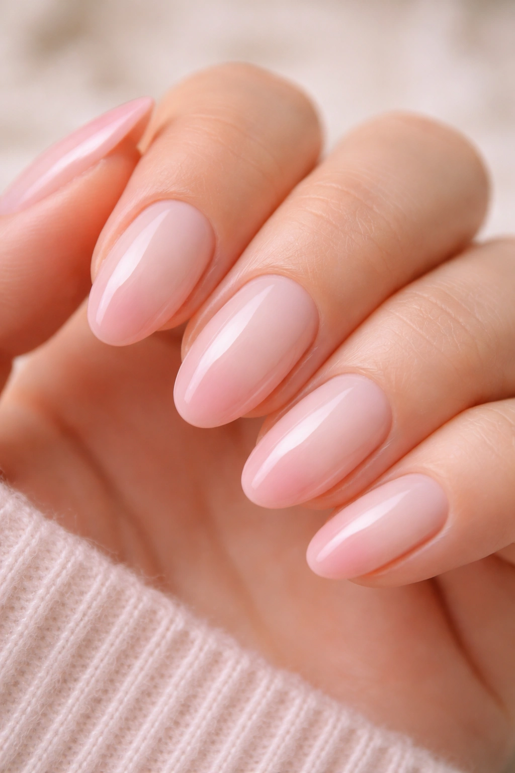 Blush pink French tips on milky white base on short almond nails