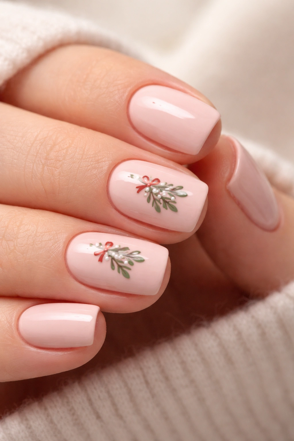 Blush pink nails with mistletoe design on accent nails